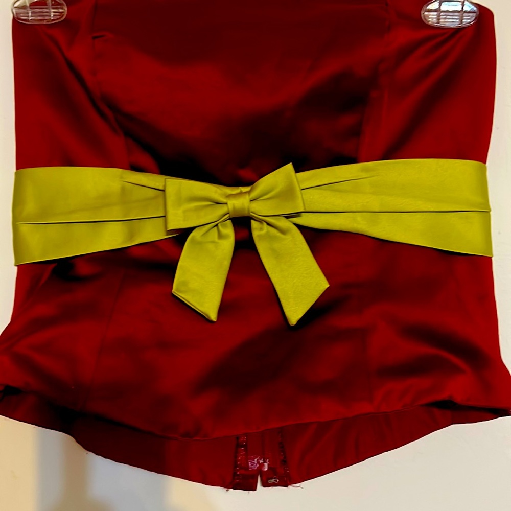 Red and sage strapless blouse